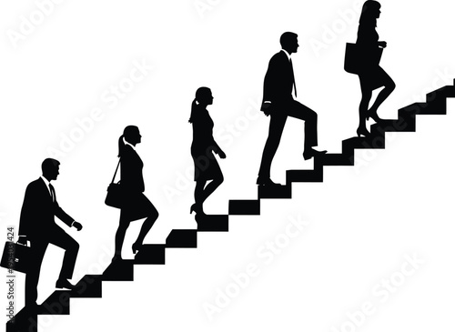A silhouette illustration depicts a group of business professionals ascending a staircase symbolizing career progression and success in corporate environments