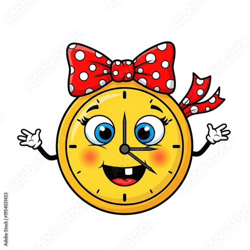 Cartoon Clock Character with Red Bow.