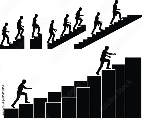 a minimalistic illustration depicts figures ascending both a continuous staircase and a set of blocky steps symbolizing progress and challenge