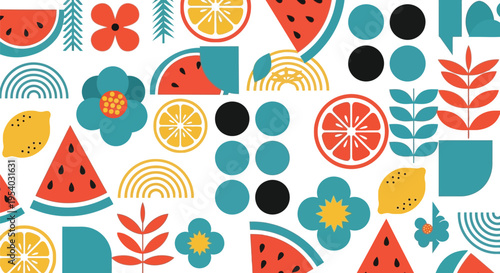 Vibrant abstract geometric shapes feature watermelon slices, lemons, and circles in saturated red, yellow, and teal tones on white.