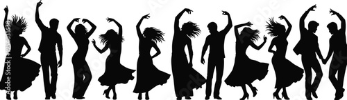a striking silhouette depiction of a lively flamenco dance performance with multiple figures in dynamic poses showcasing spanish culture high quality