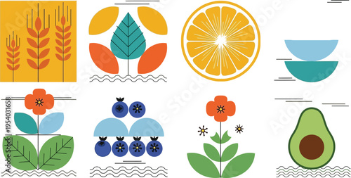 A collection of stylized food and botanical icons displays warm orange, teal, and deep yellow colors against a light background.