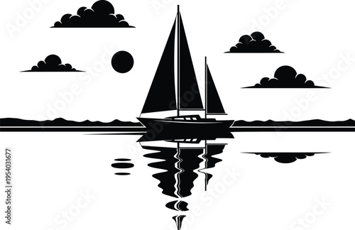 a minimalist black and white illustration depicts a sailboat gliding across calm waters under a cloudy sky with a sun