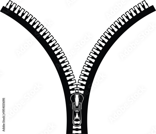 a graphic illustration depicts a black zipper in a y shape against a stark white background offering a simplistic design