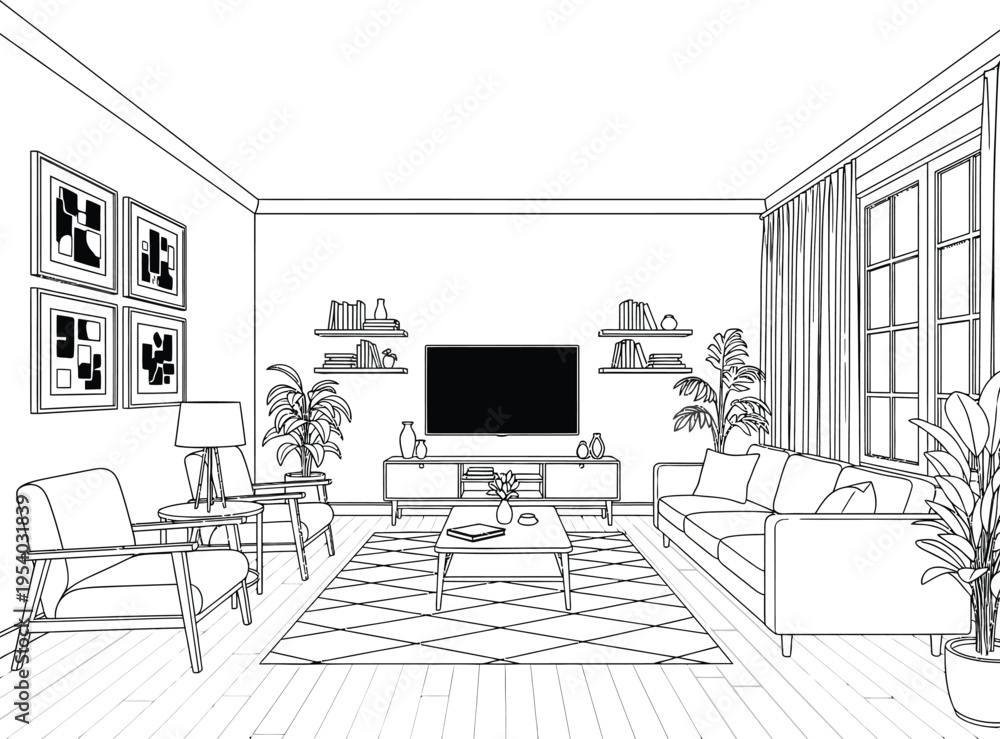 Fototapeta premium a detailed line drawing showcases a modern living room interior with furniture plants and framed artwork on the walls high quality