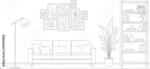 A minimalist living room interior showcases a gray sofa gallery wall bookshelf floor lamp and thriving indoor plants high quality professional