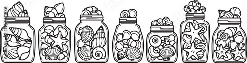 Six jars filled with a variety of seashells and other ocean treasures Vector
