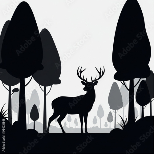 Deer with Antlers Standing in Forest.