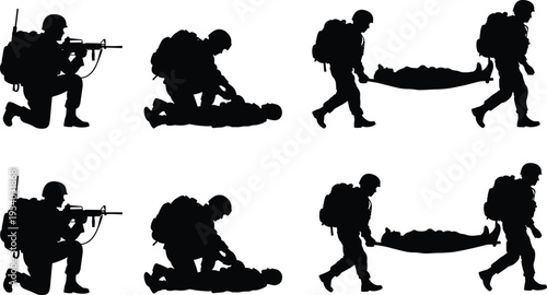 Military, soldier, silhouettes, set, showing, combat, medic, first, aid, evacuation, stretcher, rescue, infantry, battle, mission, tactical, warfare, isolated, vector, collection.