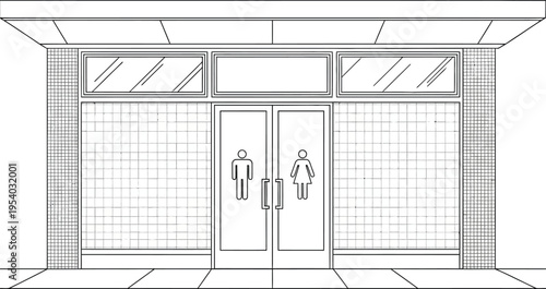 a simple black and white line drawing depicts a storefront with restroom symbols indicating facilities for men and women high quality