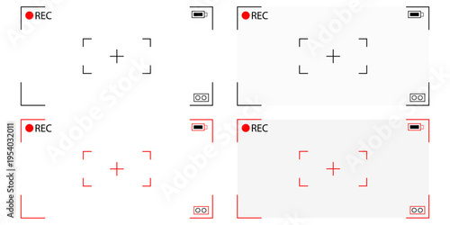 Set of 4 video recording screen frame vector icons with REC indicator and focus crosshairs in black and red for UI/UX design.