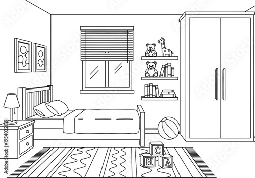 a simple line drawing depicts a child s bedroom featuring a bed wardrobe window toys and a rug creating a cozy scene