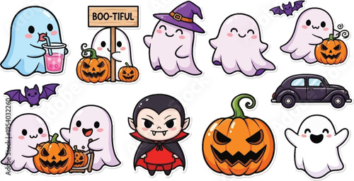 a delightful collection of adorable halloween characters including ghosts pumpkins a vampire and a car perfect for seasonal decorations high quality