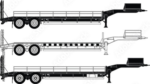 Flatbed, trailer, silhouette, set, for, heavy, cargo, transport, logistics, truck, industry, delivery, freight, carrier, vehicle, loading, deck, equipment, vector, illustration.