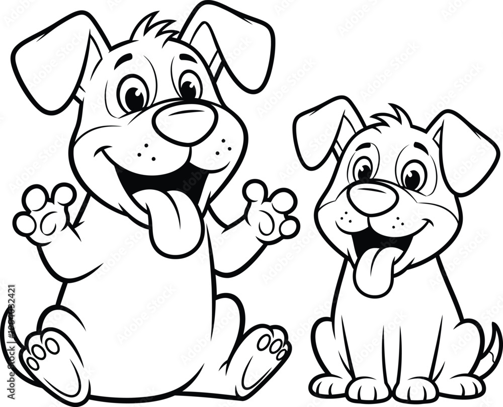 Obraz premium a delightful black and white illustration depicts two cheerful cartoon puppies one waving and the other sitting both with happy expressions