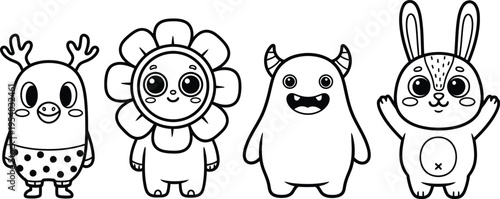 a charming collection of whimsical cartoon characters presented in black and white line art including a deer flower monster and rabbit