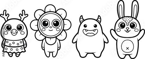 a delightful collection of kawaii characters including a reindeer flower devil and bunny in a simple black and white line art style
