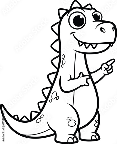 a delightful cartoon illustration features a friendly dinosaur character pointing forward with a cheerful expression embodying playful innocence and charm