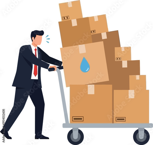 a businessman struggles to move a large stack of cardboard boxes on a hand truck symbolizing burden and logistical challenges