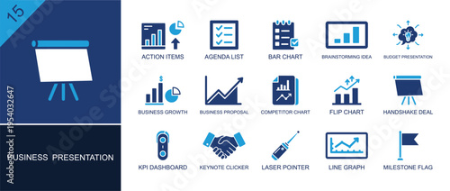 Business presentation icon set. Containing action items, agenda, bar chart, brainstorming idea, budget, flip chart, clicker, line graph, milestone flag and more. Solid fill vector icons.