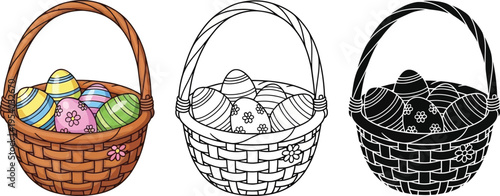 A charming illustration showcases three wicker baskets filled with decorated easter eggs each presented in a distinct style of coloring