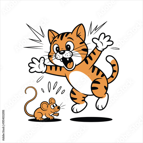 A cute cartoon illustration of a surprised ginger tabby cat jumping away from a tiny little mouse