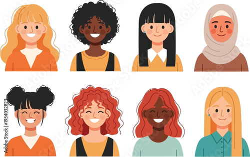 a diverse collection of stylized female faces depicted in a flat vector illustration style showcasing various ethnicities and hairstyles high quality