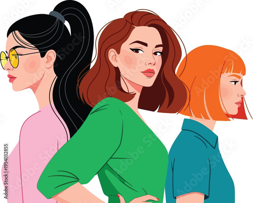 three fashionable women with diverse hair colors and styles stand closely together showcasing modern beauty and friendship high quality professional detailed