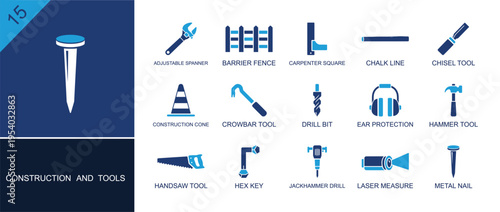 Construction tool icon set. Containing adjustable spanner, carpenter square, chisel tool, drill bit, hammer, handsaw, hex key, laser measure, metal nail and more. Solid fill vector icons.