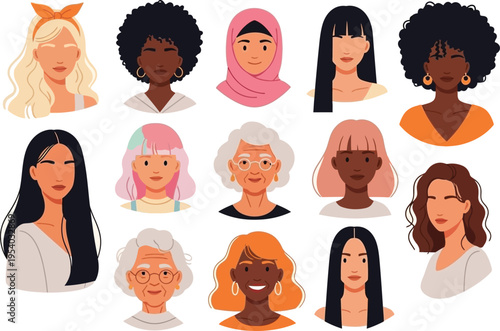 a diverse collection of illustrated women with varying hairstyles skin tones and head coverings represents inclusivity and feminine beauty high quality