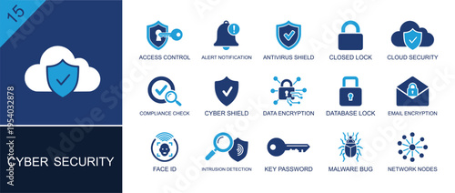 Cybersecurity icon set. Containing access control, closed lock, cloud security, cyber shield, data encryption, face ID, key, malware bug, network nodes and more. Solid fill vector icons.