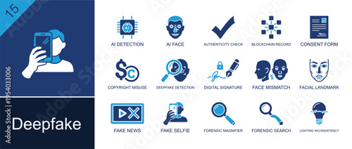 Deepfake icon set. Containing AI face, consent form, deepfake detection, signature, face mismatch, fake selfie, fake news, facial landmark, forensic search and more. Solid fill vector icons.