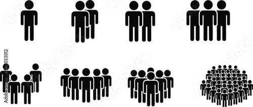 Black human silhouette icons set showing individual person groups of people and large crowds for demographics population statistics teamwork and community social concept