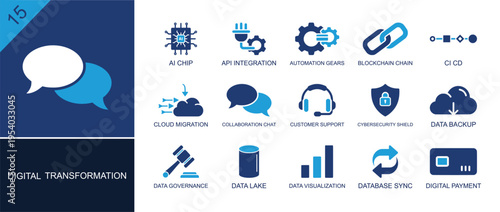 Digital transformation icon set. Containing AI chip, API integration, automation gears, blockchain, CI CD, cloud migration, support, database sync, payment and more. Solid fill vector icons.