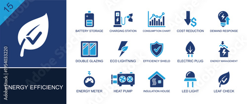 Energy efficiency icon set. Containing battery storage, charger, cost reduction, glazing, electric plug, energy meter, heat pump, insulation, LED light and more. Solid fill vector icons.
