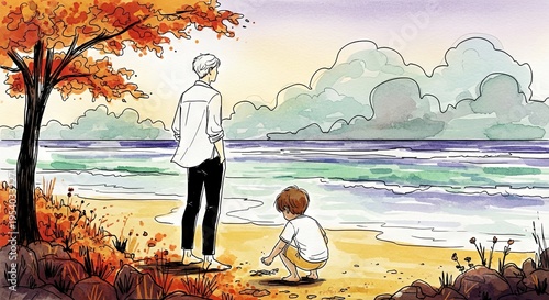 Man and child playing on beach during autumn in peaceful landscape  