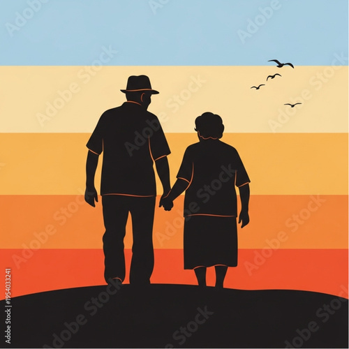 Elderly Couple Holding Hands Silhouette.