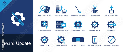 Software update icon set. Containing debug bug, device update, firewall, firmware chip, gear check, gear key, gear repair, hotfix toggle, mobile update and more. Solid fill vector icons.