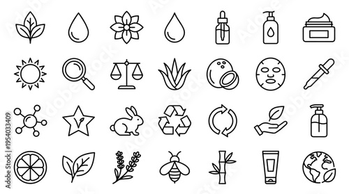 Set of organic skincare and beauty icons for natural cosmetic products