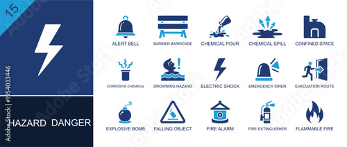 Industrial hazard icon set. Containing alert bell, barrier, chemical spill, electric shock, siren, evacuation route, bomb, fire alarm, extinguisher and more. Solid fill vector icons.