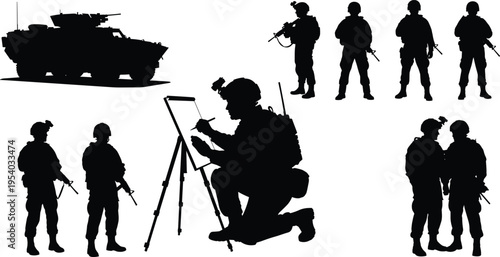 Military soldier silhouette set, armored vehicle tank, infantry troops with rifles, tactical planning on tripod, army mission, combat uniform, war battlefield equipment, defense security.