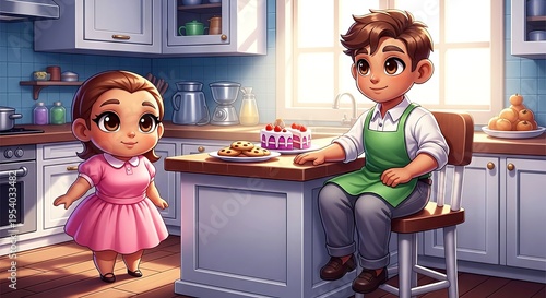 Young girl and boy baking cakes in colorful kitchen interior  