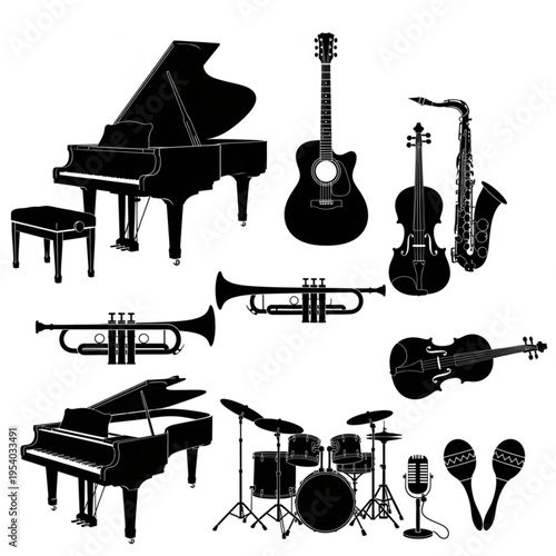 Assorted Musical Instruments Silhouette Collection.