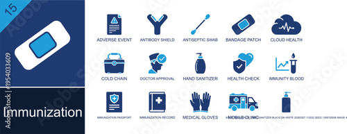 Immunization icon set. Containing antibody shield, antiseptic swab, bandage, cold chain, doctor approval, health check, record, gloves, mobile clinic and more. Solid fill vector icons.