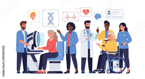 Diverse Medical Team & Patients: Modern Healthcare Technology, Digital Data Analysis, and Personalized Patient Care for Wellness & Diagnostics. Flat Illustration.