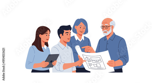 Intergenerational Group Collaborating on Architectural Blueprints and Home Plans