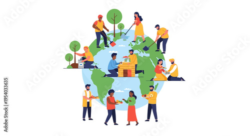 Global Collaboration for Charity, Environment, and Community Support: Diverse Volunteers Helping Build a Better World