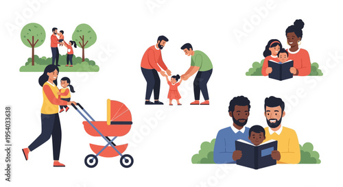 Inclusive Family Life: Parents and Children Flat Vector Illustration Collection