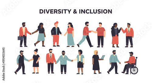 Diversity and Inclusion People Icon Set, Multicultural Group Holding Hands, Teamwork & Equity Concept