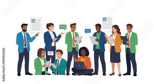 Diverse Business Team Collaborating and Communicating with Digital Tools and Documents in a Modern Professional Workplace